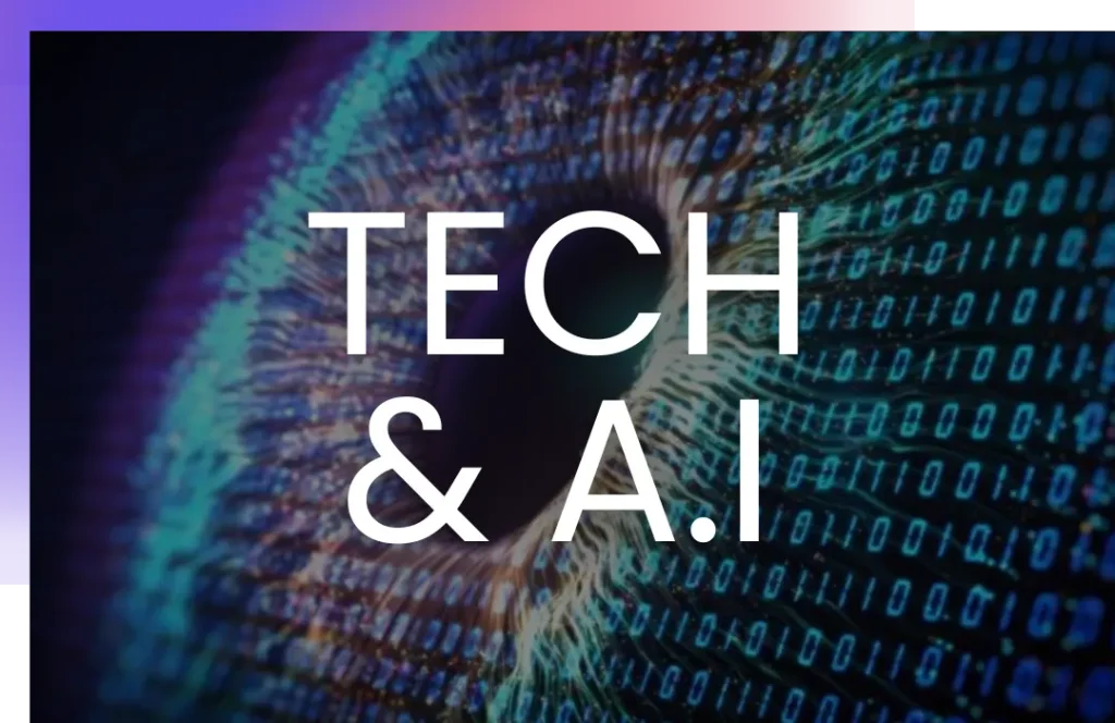 A close-up of a digital eye with binary code patterns, overlaid with the text "TECH & A.I" in bold white letters