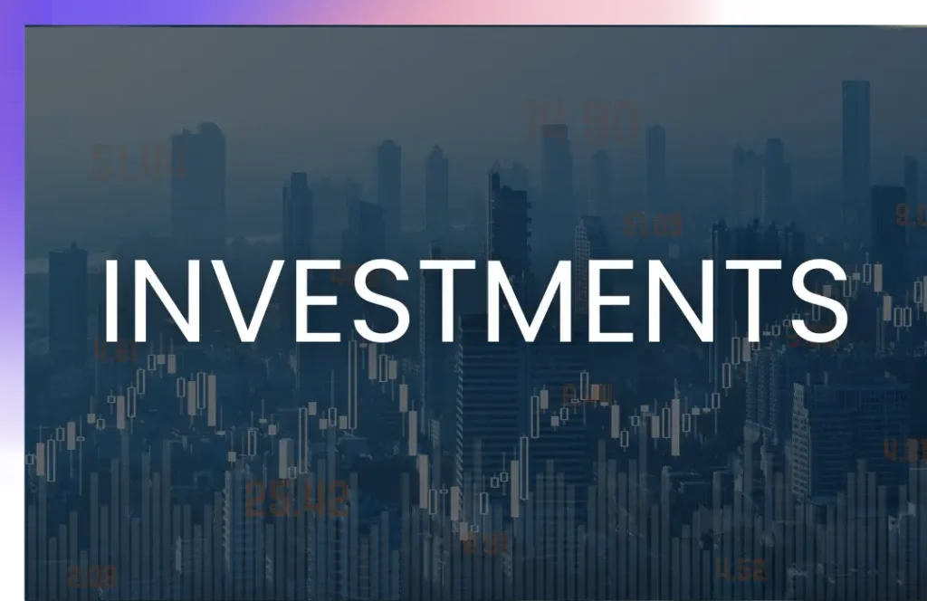 A city skyline with financial graphs and numbers overlaying the scene, overlaid with the word "INVESTMENTS" in bold white letters.