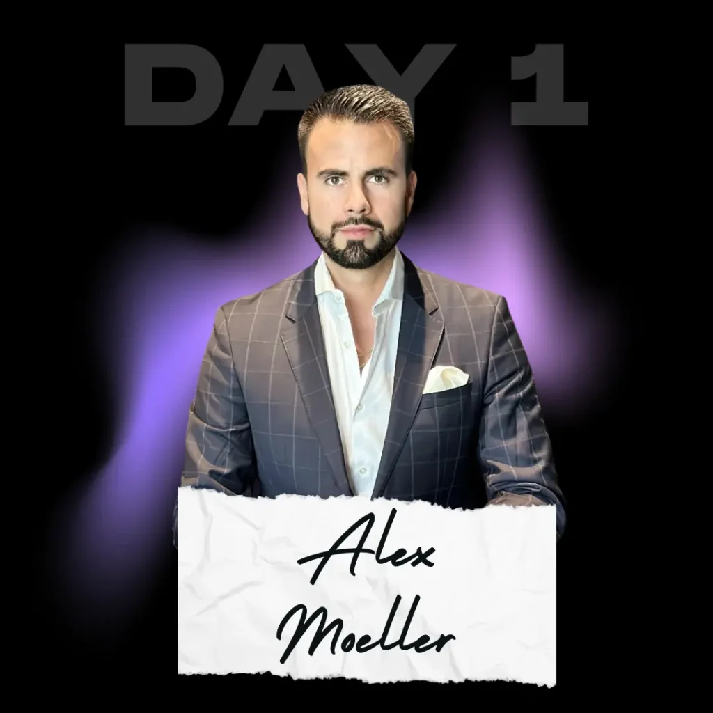 A promotional image for "Day 1" of Master your Money event featuring Alex Moeller.
