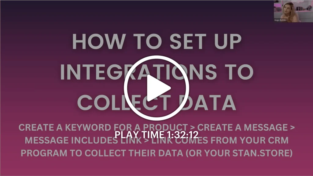 Screenshot of a video tutorial titled 'HOW TO SET UP INTEGRATIONS TO COLLECT DATA.' The background is a gradient from dark purple to pink.